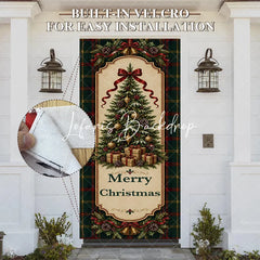 Lofaris Traditional Green Red Plaid Christmas Tree Door Cover with Golden Bells and Ribbons Merry Holiday Decor