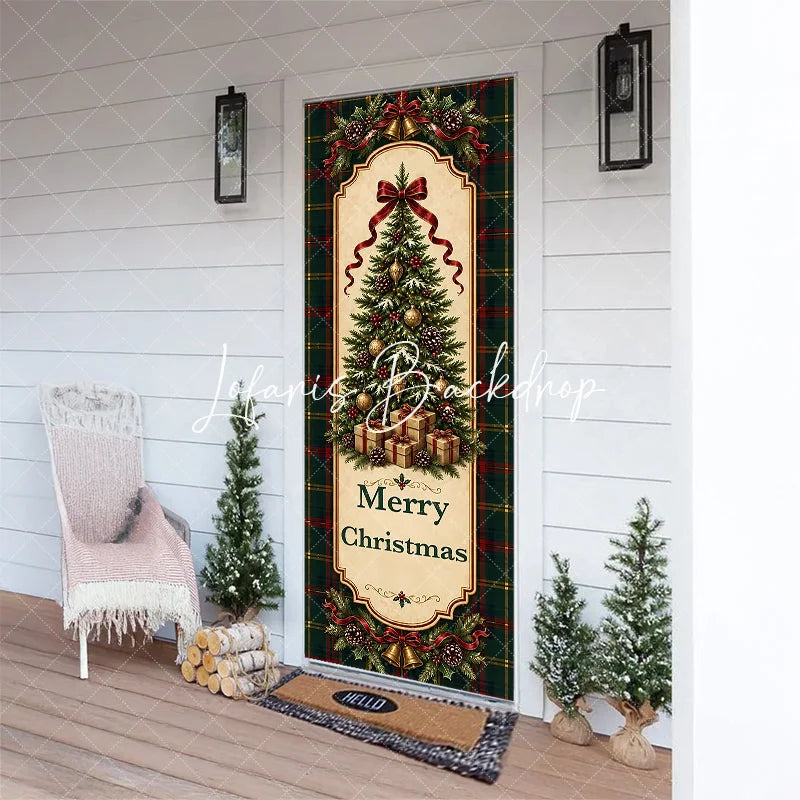 Lofaris Traditional Green Red Plaid Christmas Tree Door Cover with Golden Bells and Ribbons Merry Holiday Decor