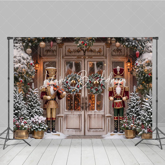 Lofaris Traditional Nutcracker Christmas Holiday Backdrop Snow Covered Pine Trees and Festive Door Decor