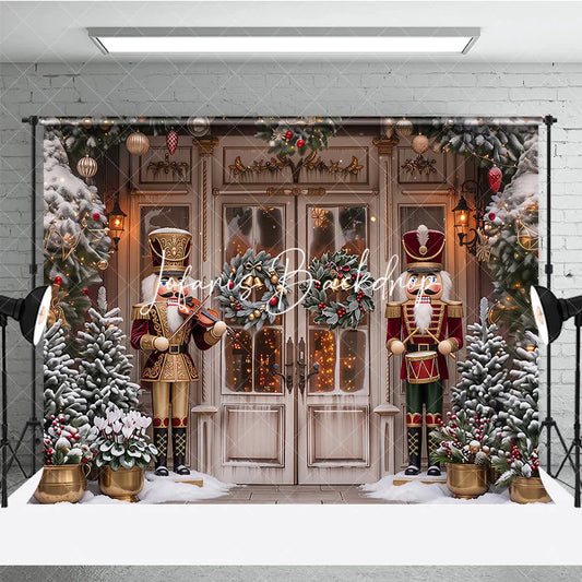 Lofaris Traditional Nutcracker Christmas Holiday Backdrop Snow Covered Pine Trees and Festive Door Decor