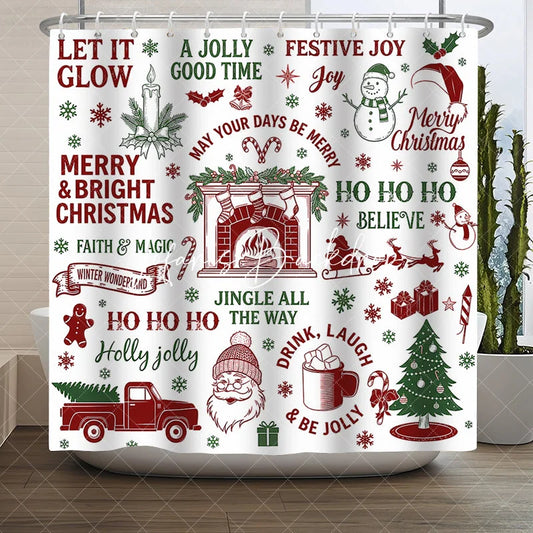 Lofaris Traditional Red and Green Christmas Shower Curtain featuring Santa Snowman Festive Holiday Elements