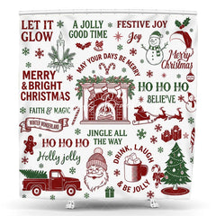 Lofaris Traditional Red and Green Christmas Shower Curtain featuring Santa Snowman Festive Holiday Elements