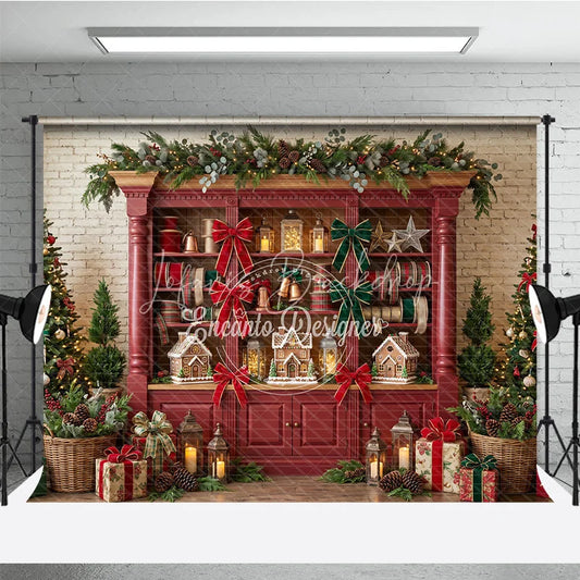 Lofaris Traditional Red Cabinet Christmas Holiday Backdrop with Gingerbread Houses Decorated Trees and Garland