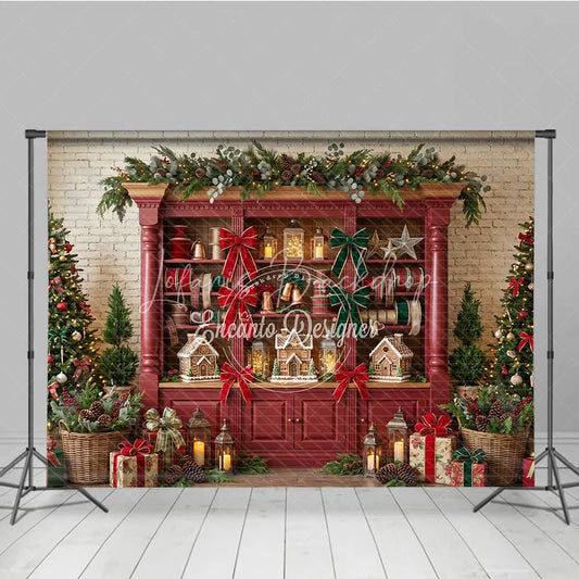 Lofaris Traditional Red Cabinet Christmas Holiday Backdrop with Gingerbread Houses Decorated Trees and Garland