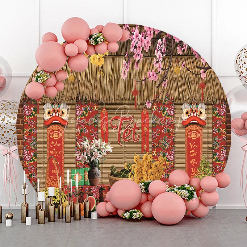 Lofaris Traditional Vietnamese Tet Holiday Round Backdrop Lunar New Year Lion Dance and Blossom Party Decoration