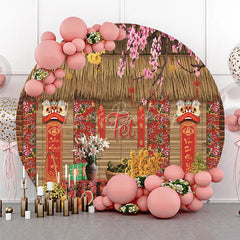 Lofaris Traditional Vietnamese Tet Holiday Round Backdrop Lunar New Year Lion Dance and Blossom Party Decoration