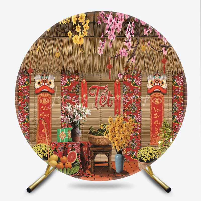 Lofaris Traditional Vietnamese Tet Holiday Round Backdrop Lunar New Year Lion Dance and Blossom Party Decoration