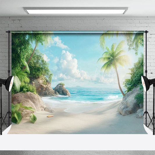 Lofaris Tranquil Beach Scene Palm Trees Blue Sea Backdrop