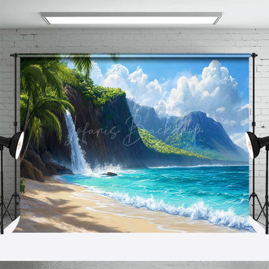 Lofaris Tranquil Beach Scene Waterfall Mountain Backdrop