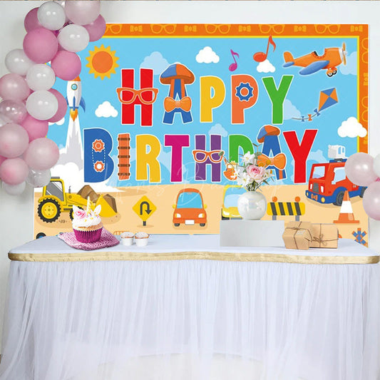 Lofaris Transportation Themed Happy Birthday Backdrop for Boy Cartoon Cars Train and Rocket Kids Vehicle Party Decor