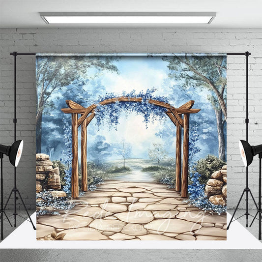 Lofaris Trees Blue Floral Arch Stone Floor Photo Backdrop
