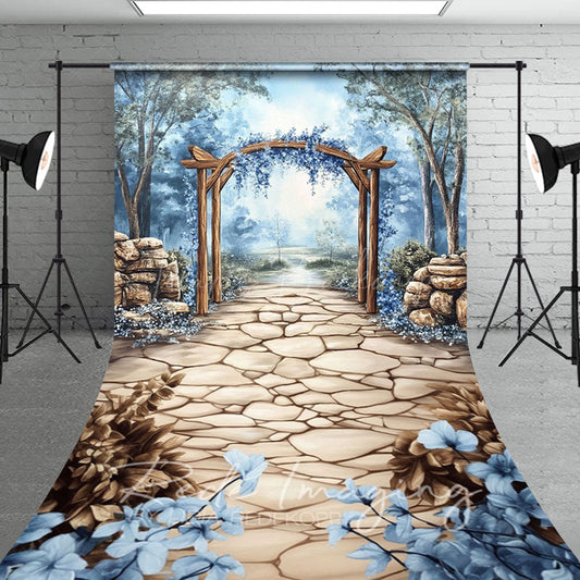 Lofaris Trees Blue Floral Arch Stone Floor Sweep Backdrop