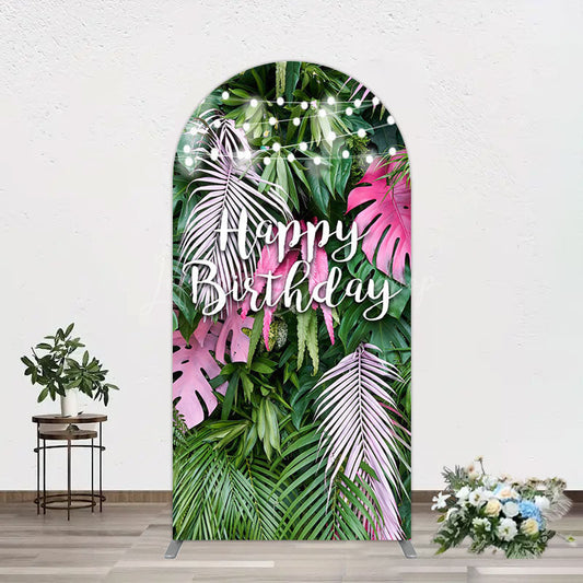Lofaris Tribal Green Pink Monstera Birthday Arch Backdrop