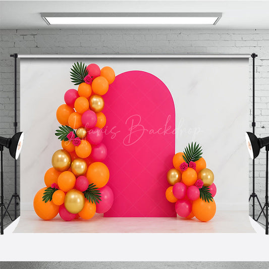 Lofaris Tropical Balloon Arch Cake Smash Backdrop Pink Orange and Gold Balloons Summer Themed First Birthday Photo Prop