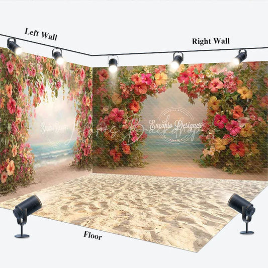 Lofaris Tropical Beach Floral Arch Room Set Backdrop with Sandy Floor and Ocean View for Romantic Photoshoots