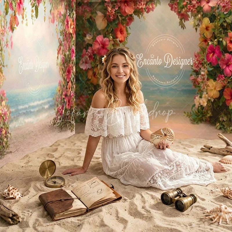 Lofaris Tropical Beach Floral Arch Room Set Backdrop with Sandy Floor and Ocean View for Romantic Photoshoots