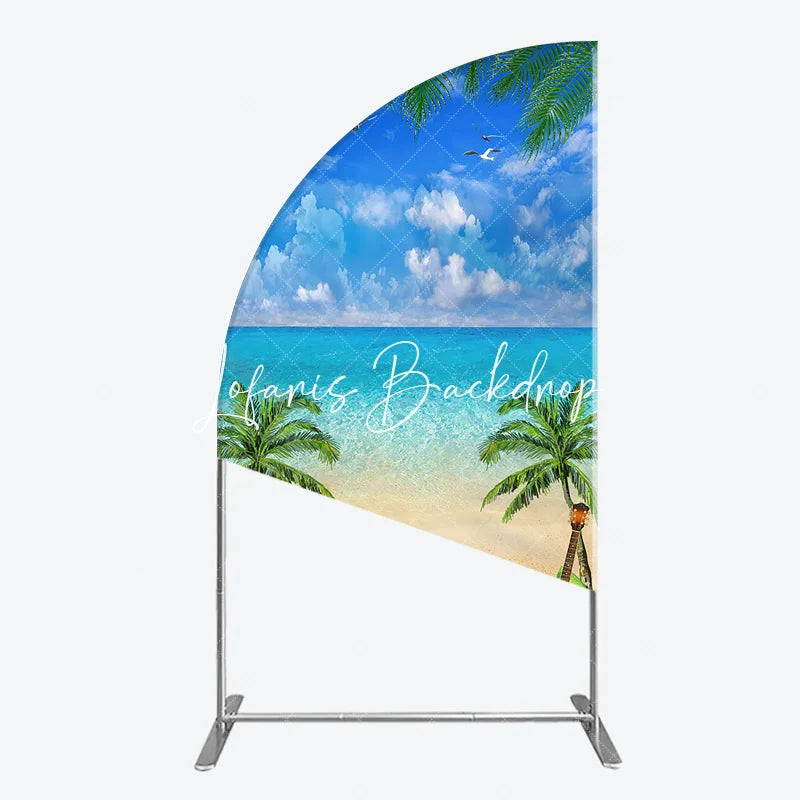 Lofaris Tropical Beach Hawaiian Luau Half Moon Arch Backdrop Blue Sky Ocean Palm Trees Flamingo Pineapple Decor.