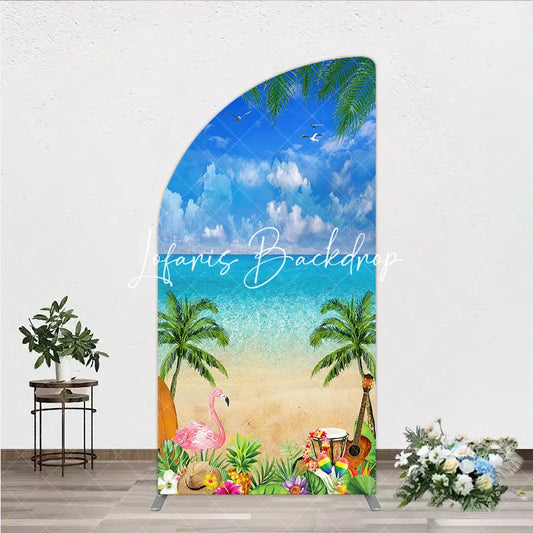 Lofaris Tropical Beach Hawaiian Luau Half Moon Arch Backdrop Blue Sky Ocean Palm Trees Flamingo Pineapple Decor.