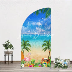 Lofaris Tropical Beach Hawaiian Luau Half Moon Arch Backdrop Blue Sky Ocean Palm Trees Flamingo Pineapple Decor.