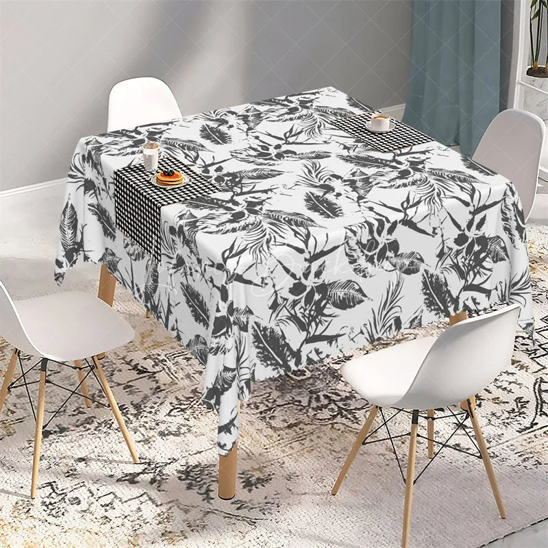 Lofaris Tropical Black and White Palm Leaf Rectangle Tablecloth Exotic Sketch Botanical Table Cover