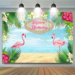 Lofaris Tropical Flamingo Happy Birthday Backdrop Summer Beach with Palm Leaves Hawaiian Luau Party Photo Booth Decor