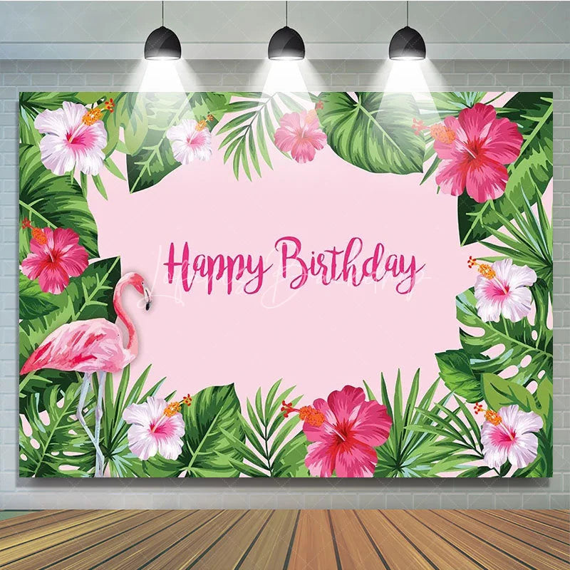 Lofaris Tropical Flamingo Happy Birthday Backdrop Summer Beach with Palm Leaves Hawaiian Luau Party Photo Booth Decor
