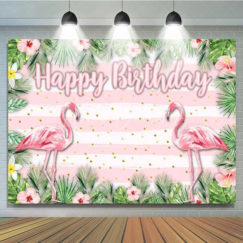 Lofaris Tropical Flamingo Happy Birthday Backdrop Summer Beach with Palm Leaves Hawaiian Luau Party Photo Booth Decor