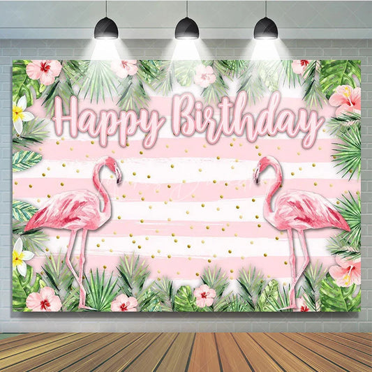 Lofaris Tropical Flamingo Happy Birthday Backdrop Summer Beach with Palm Leaves Hawaiian Luau Party Photo Booth Decor