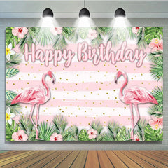 Lofaris Tropical Flamingo Happy Birthday Backdrop Summer Beach with Palm Leaves Hawaiian Luau Party Photo Booth Decor
