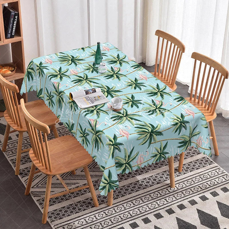 Lofaris Tropical Flamingo Rectangle Tablecloth with Palm Trees Blue Hawaiian Luau Summer Beach Party Dining Decor
