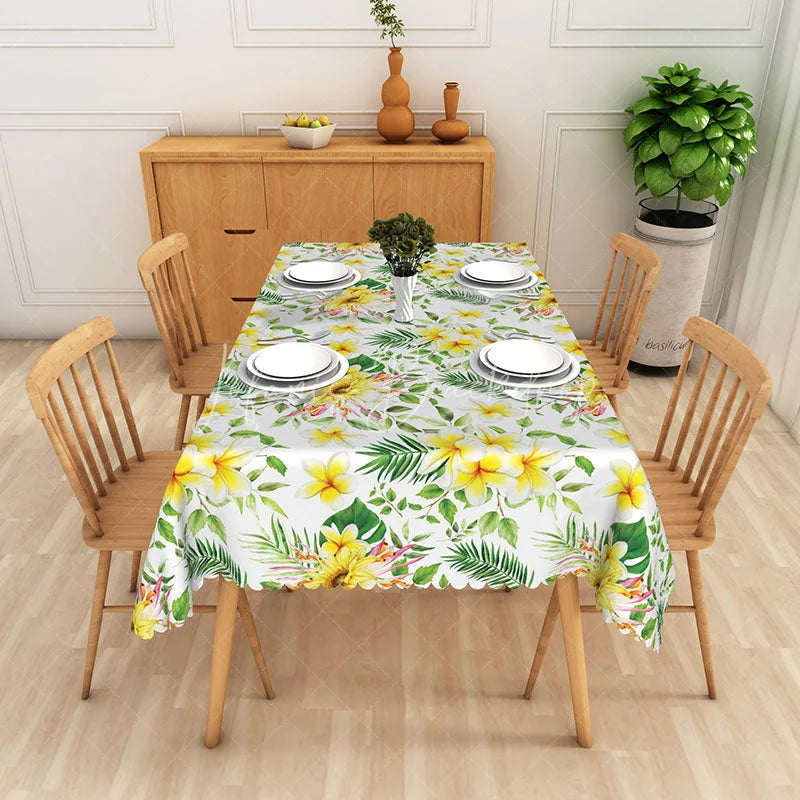 Lofaris Tropical Floral Rectangle Tablecloth Yellow Plumeria and Palm Leaves Pattern for Summer Luau Party Decor