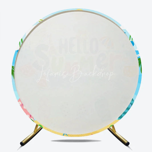 Lofaris Tropical Hello Summer Beach Round Backdrop Featuring Palm Trees and Flip-Flops for Vacation Party