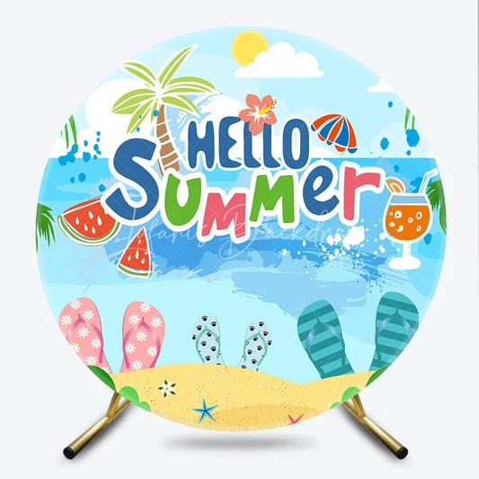 Lofaris Tropical Hello Summer Beach Round Backdrop Featuring Palm Trees and Flip-Flops for Vacation Party