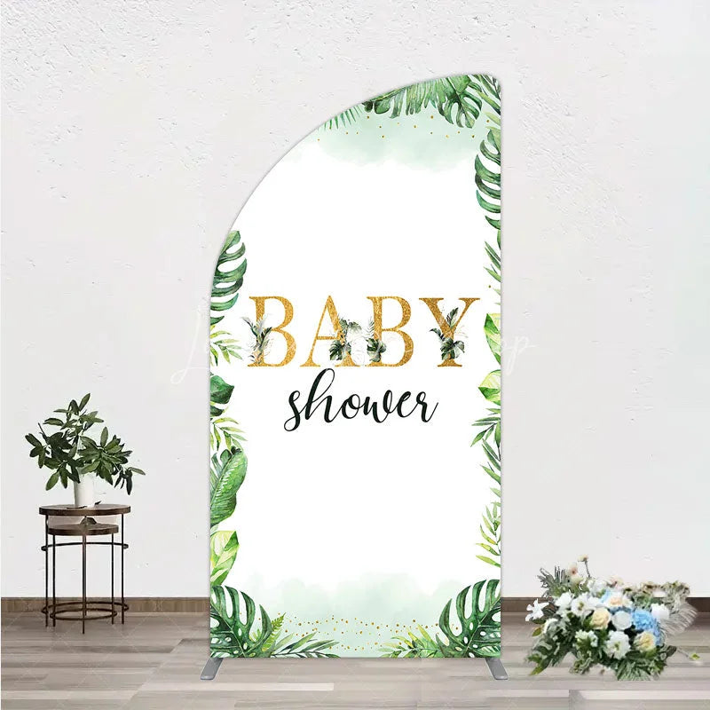 Lofaris Tropical Leaves Baby Shower Half Moon Arch Backdrop Safari Greenery Gold Glitter Party Decoration Jungle Plant Background