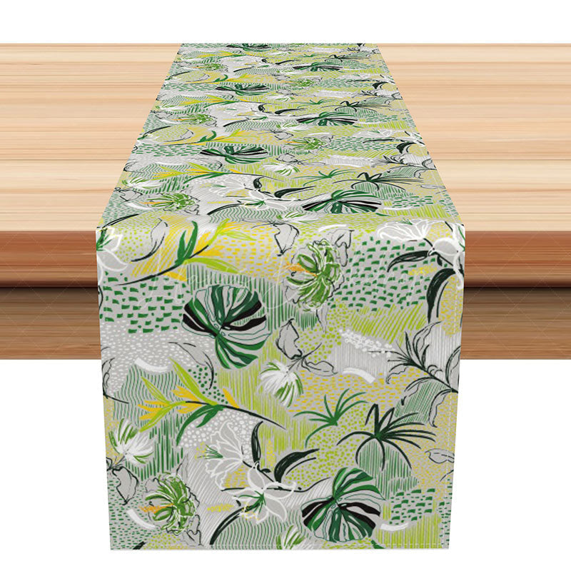 Lofaris Tropical Monstera Leaf Table Runner with Green Abstract Design for Summer Party and Modern Kitchen Decor
