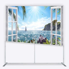 Lofaris Tropical Ocean View Tension Fabric Backdrop Summer Beach Window Sailboat and Palm Party Decorations