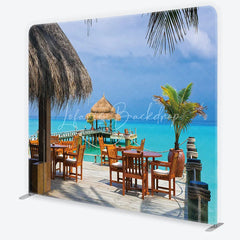 Lofaris Tropical Overwater Restaurant Square Double-Sided Backdrop featuring Turquoise Ocean and Thatched Roof Hut Decor