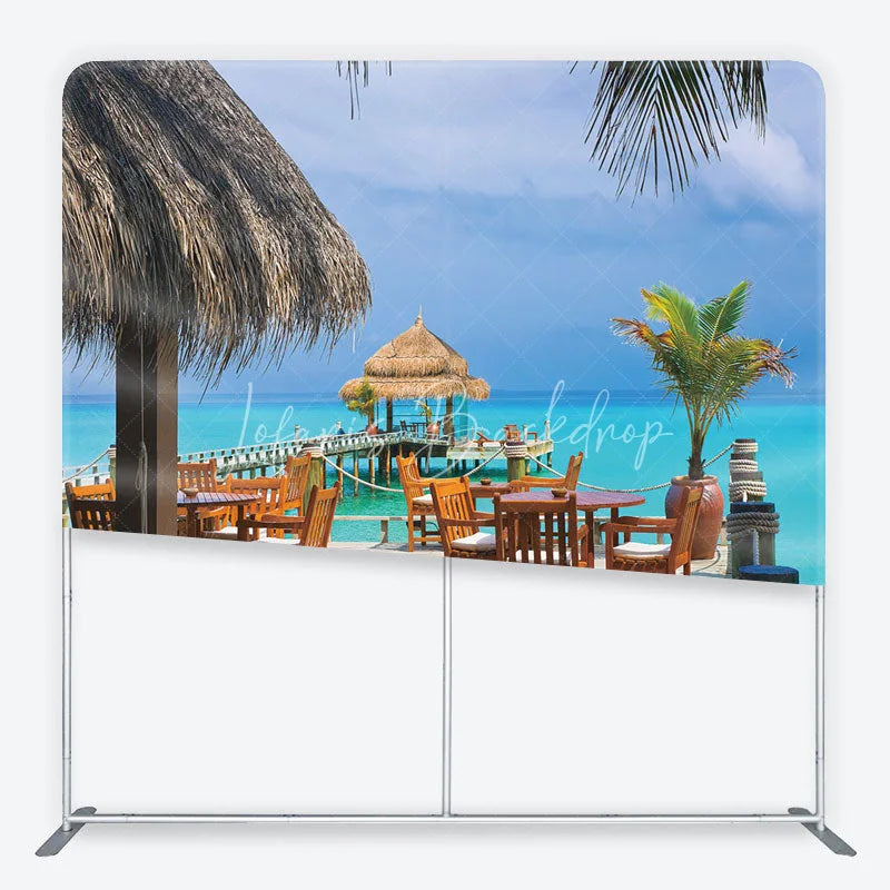 Lofaris Tropical Overwater Restaurant Square Double-Sided Backdrop featuring Turquoise Ocean and Thatched Roof Hut Decor