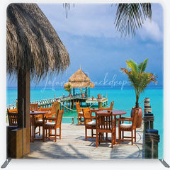 Lofaris Tropical Overwater Restaurant Square Double-Sided Backdrop featuring Turquoise Ocean and Thatched Roof Hut Decor