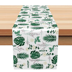 Lofaris Tropical Palm Leaves Table Runner in Green for Summer Luau Party and Botanical Kitchen Dining Decor