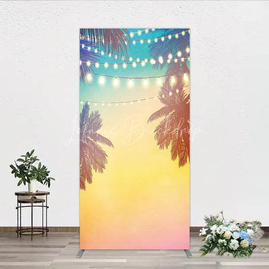 Lofaris Tropical Palm Trees and Fairy Lights Rectangle Arch Backdrop Vibrant Sunset Gradient Summer Party