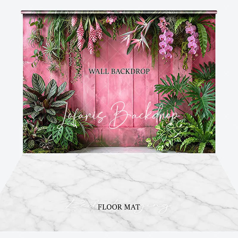 Lofaris Tropical Pink Wooden Wall and White Marble Floor Combo Set Backdrop Lush Green Foliage Photography Decor