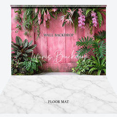 Lofaris Tropical Pink Wooden Wall and White Marble Floor Combo Set Backdrop Lush Green Foliage Photography Decor