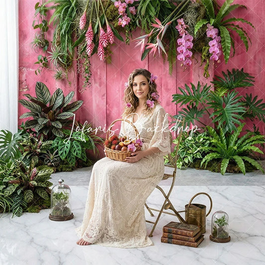 Lofaris Tropical Pink Wooden Wall and White Marble Floor Combo Set Backdrop Lush Green Foliage Photography Decor