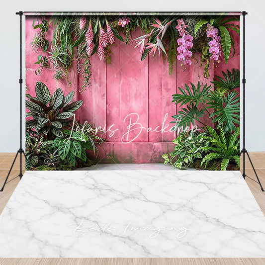 Lofaris Tropical Pink Wooden Wall and White Marble Floor Combo Set Backdrop Lush Green Foliage Photography Decor