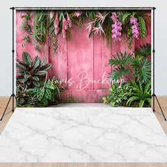 Lofaris Tropical Pink Wooden Wall and White Marble Floor Combo Set Backdrop Lush Green Foliage Photography Decor
