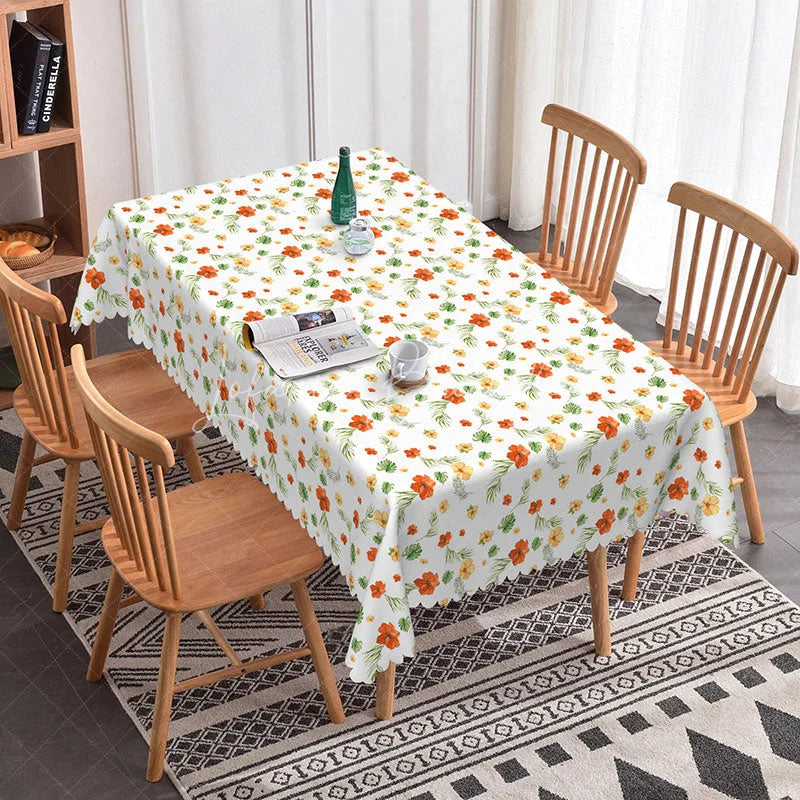 Lofaris Tropical Red Yellow Floral Rectangle Tablecloth Green Palm Leaf Pattern for Summer Beach Party Dining Room Decor