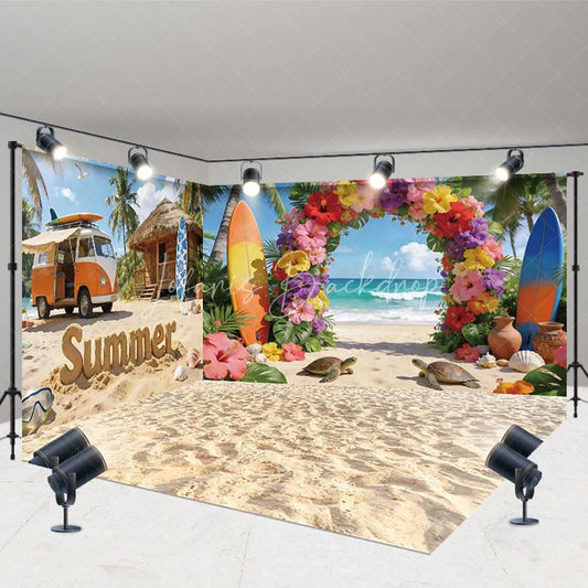 Lofaris Tropical Summer Beach with Surfboards Room Set Backdrop Vibrant Floral Arch Party Decor