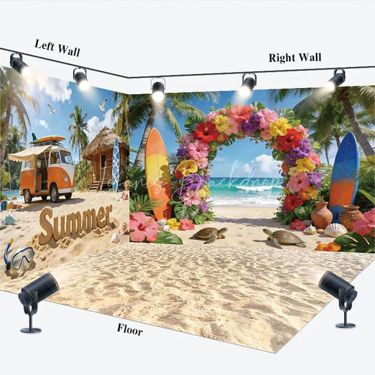 Lofaris Tropical Summer Beach with Surfboards Room Set Backdrop Vibrant Floral Arch Party Decor