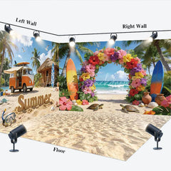 Lofaris Tropical Summer Beach with Surfboards Room Set Backdrop Vibrant Floral Arch Party Decor
